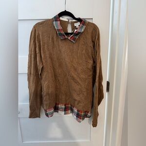 J. Crew Tan Sweater with Plaid Trim